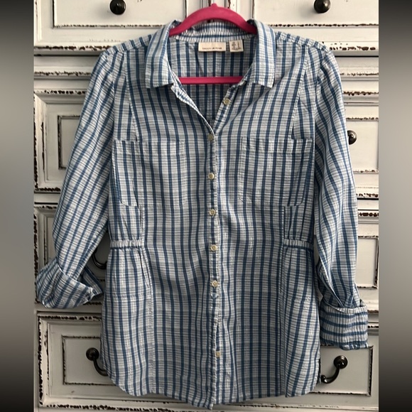 DKNY long sleeve button tan light weight button down with elastic waist size L - Picture 12 of 15